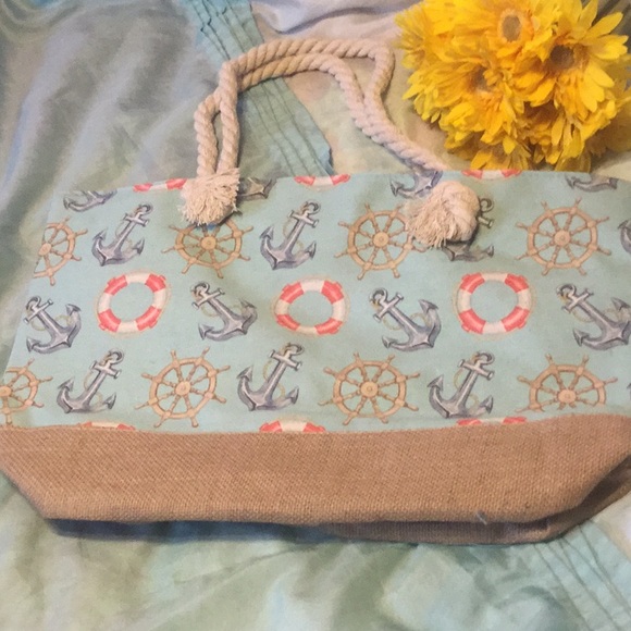 Blue Anchor Print Zipper Closure Beach Tote Bag - Picture 6 of 8